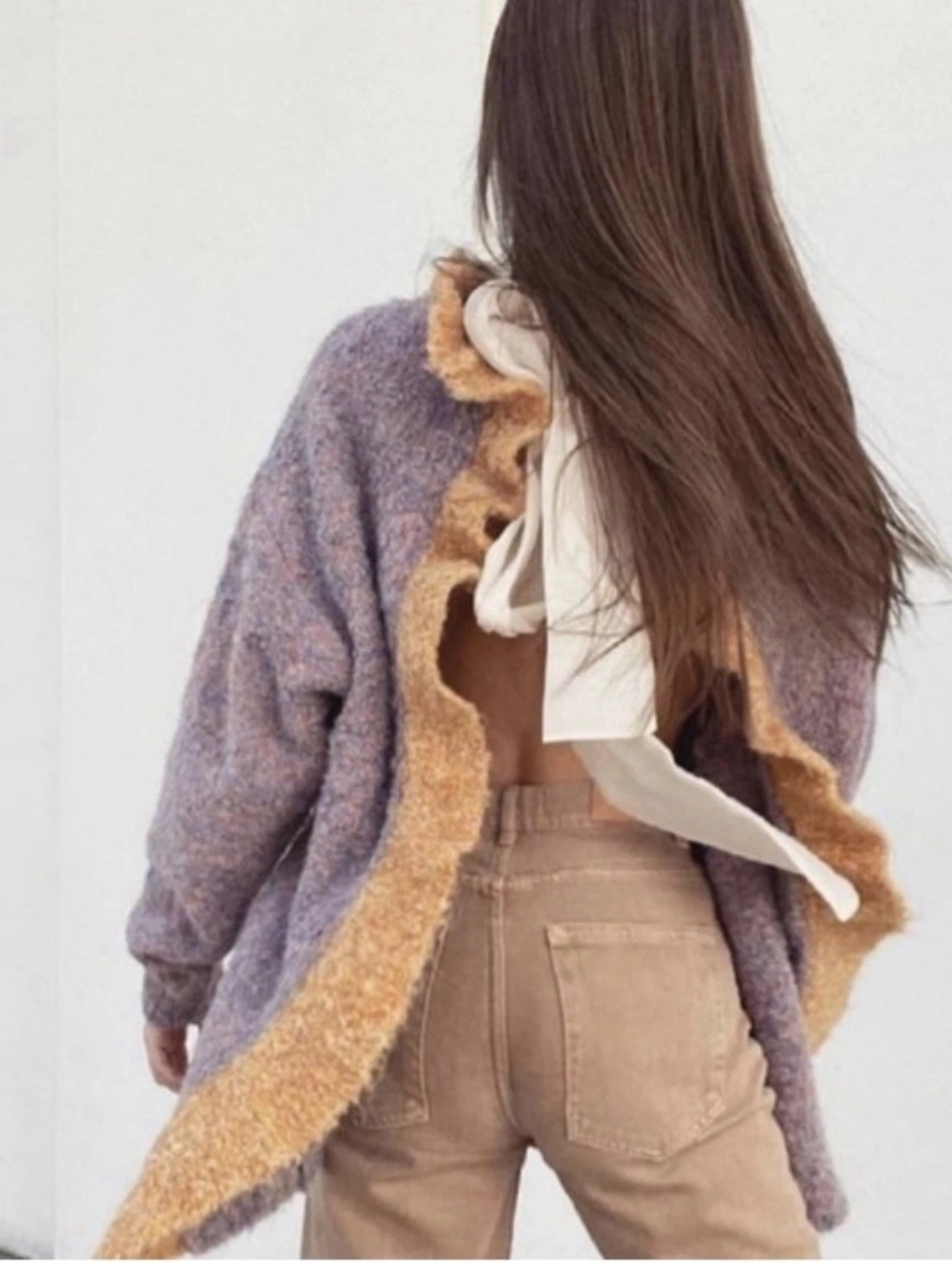 Zara Lavender Fuzzy Cardigan with Camel Ruffle Trim